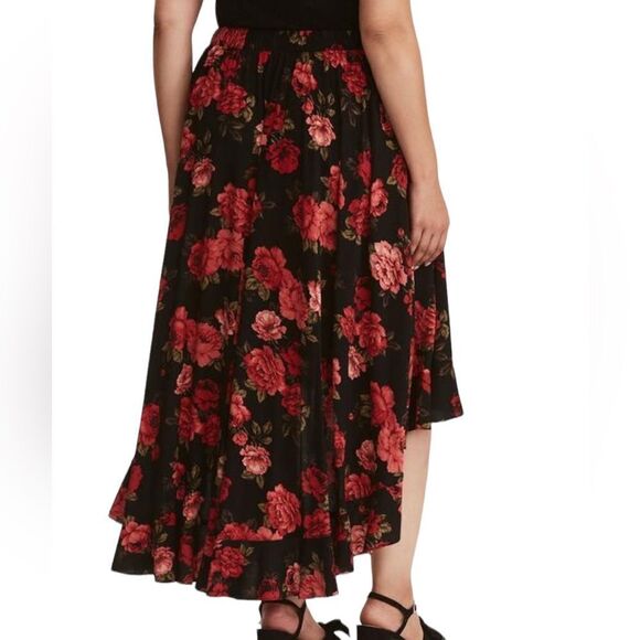 Torrid Rose Black Floral High Low Midi Maxi Casual Summer Formal Flowy Skirt - Picture 3 of 6